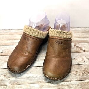 UGG Womens Sz 7 Gael Mule Shearling Brown/Tan Leather Wedge Casual Slip On